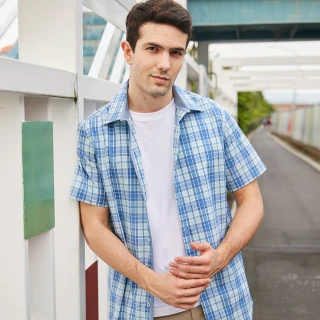【NAUTICA】男裝 吸濕排汗格紋短袖襯衫(藍色)