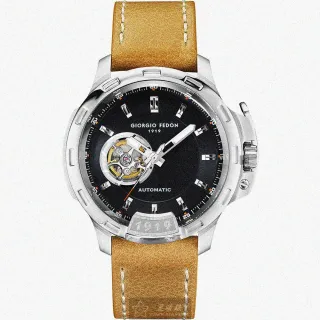 【GIORGIO FEDON 1919】喬治飛登1919男錶型號GF00121(黑色雙面機械鏤空錶面銀錶殼咖啡色真皮皮革錶帶款)
