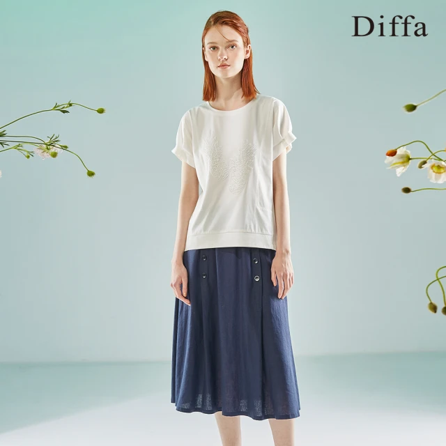 【Diffa】裝飾釦鬆緊腰寬襬長裙-女