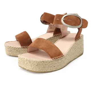 【TINO BELLINI 貝里尼】西班牙進口牛皮寬帶金屬釦繫踝麻邊楔型涼鞋FSOV009(棕)