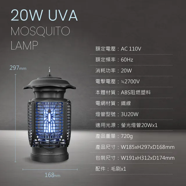 【日本AWSON歐森】20W電擊式UVA燈管捕蚊燈/補蚊燈/AW-721(室內/室外IPX4防水)