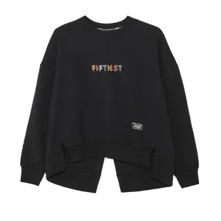 【5th STREET】女裝寬版LOGO平針繡花長袖T恤-黑色(山形系列)