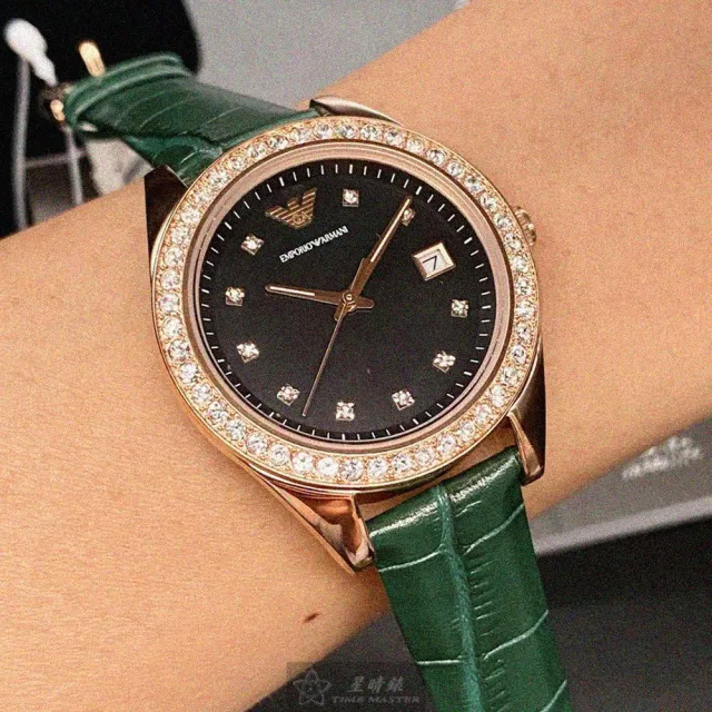 【EMPORIO ARMANI】ARMANI阿曼尼女錶型號AR00027(墨綠色錶面玫瑰金錶殼綠色真皮皮革錶帶款)