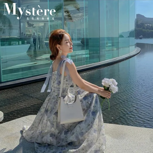 【my stere 我的時尚秘境】雙11 現貨必搶-春夏新款-法式雪紡油畫風飄逸綁帶連身長裙(雪紡飄逸柔