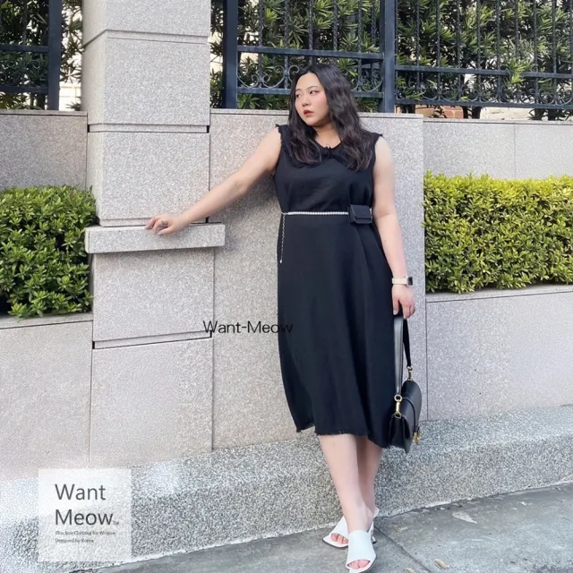【Want-Meow】80公斤可穿/韓系質感無袖毛呢荷葉洋裝(大碼洋裝/大尺碼/韓系歐膩穿搭)