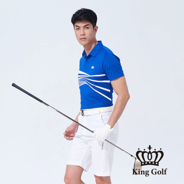 【KING GOLF】速達-網路獨賣款-男款放射線條撞色印圖開襟POLO衫/高爾夫球衫(藍色)