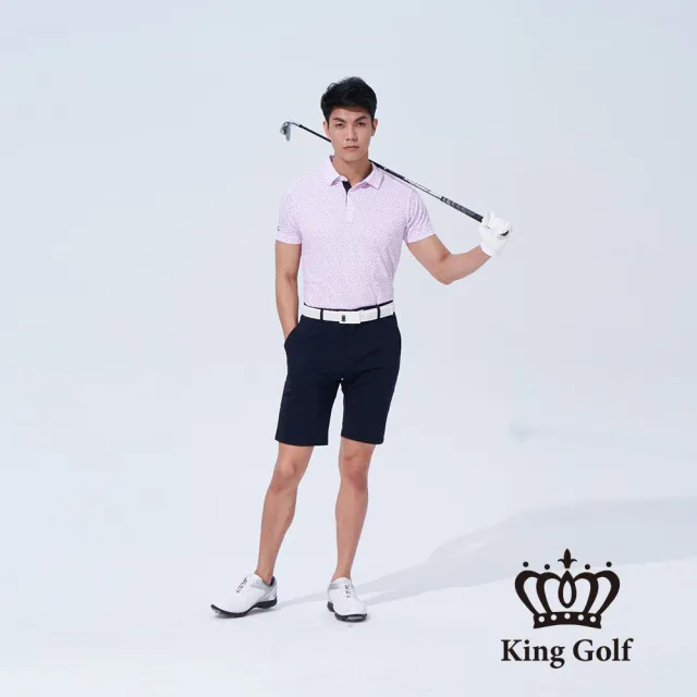 【KING GOLF】速達-網路獨賣款-男款V字三角幾何印圖開襟POLO衫/高爾夫球(粉色)