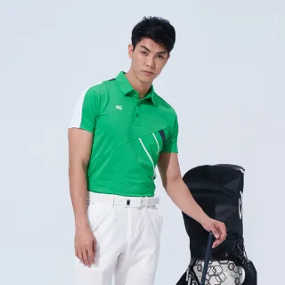 【KING GOLF】速達-網路獨賣款-男款色塊撞色印圖開襟POLO衫/高爾夫球衫(綠色)