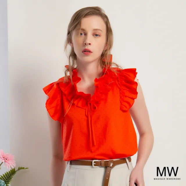 【MAGIQUE WARDROBE】純棉荷葉滾邊剪花無袖綁帶上衣(2色)