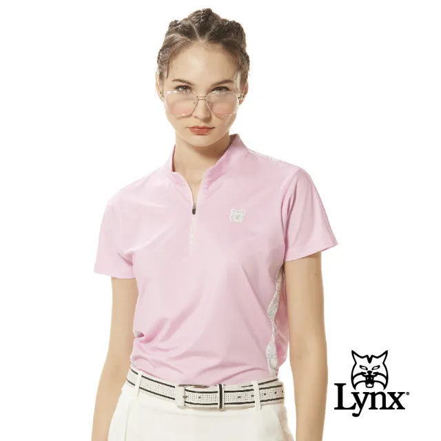 【Lynx Golf】女款合身版吸溼排汗質感山貓膠標Lynx印花配布剪裁造型短袖立領POLO衫/高爾夫球衫(二色)