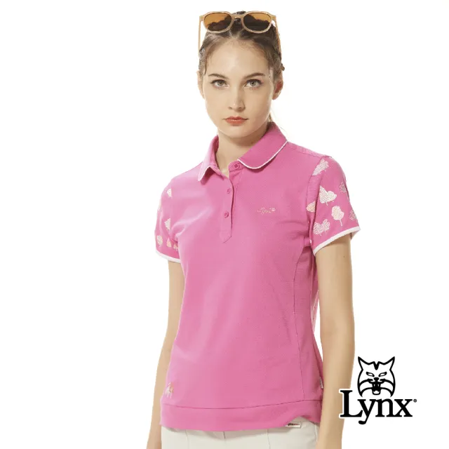 【Lynx Golf】女款吸溼排汗素面森林風剪影兩袖印花配布剪接設計短袖POLO衫/高爾夫球衫(二色)