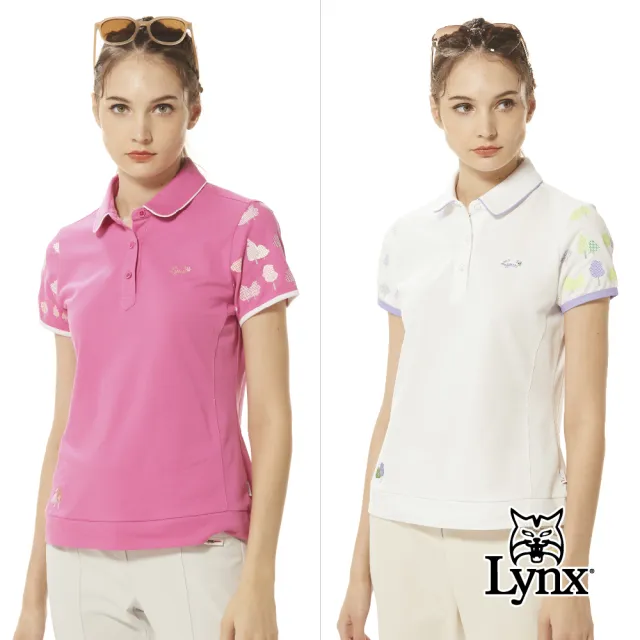 【Lynx Golf】女款吸溼排汗素面森林風剪影兩袖印花配布剪接設計短袖POLO衫/高爾夫球衫(二色)