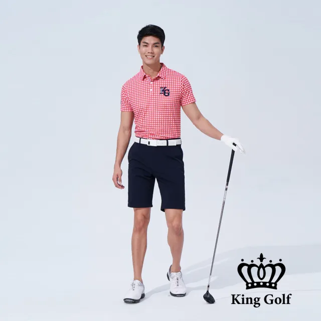 【KING GOLF】速達-網路獨賣款-男款格紋印圖KG刺繡開襟POLO衫/高爾夫球(紅色)