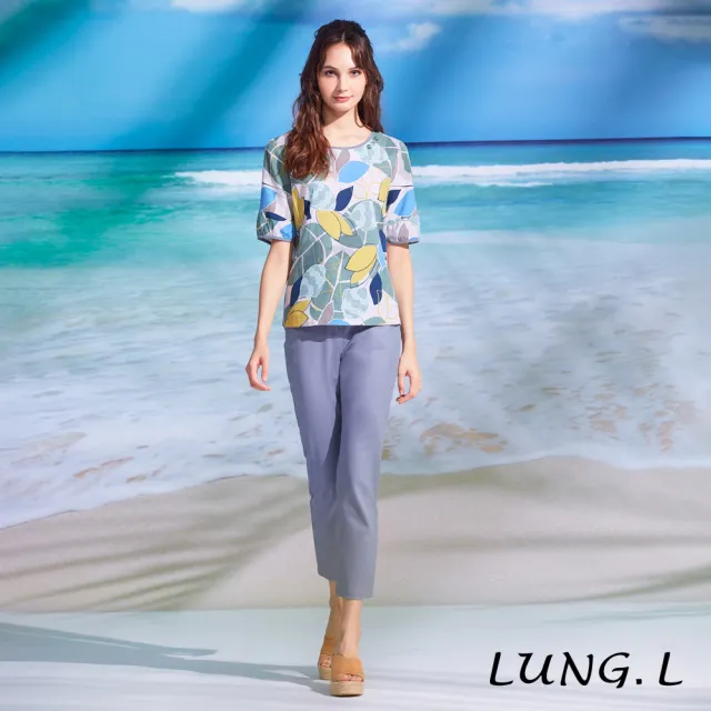 【LUNG.L 林佳樺】LL73A#時尚莫蘭迪綠印花棉質上衣(女裝 棉質)