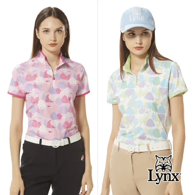 【Lynx Golf】女款吸溼排汗繽紛森林風樹木剪影印花脇邊剪裁設計短袖立領POLO衫/高爾夫球衫(二色)