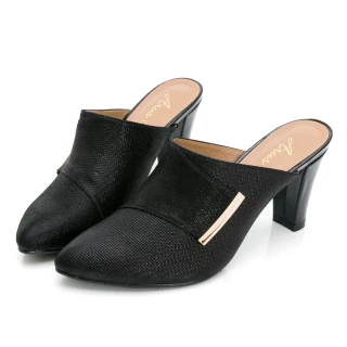 【GDC】真皮時尚尖頭簡約設計粗跟拖鞋-黑色(225007-00)