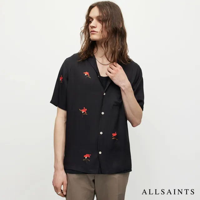 【ALLSAINTS】EIVISSA 人造絲手繪花束印花夏威夷短袖襯衫-黑 MS184Y(舒適版型)