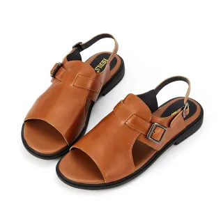【HERLS】涼鞋-個性牛皮寬版橫帶釦環平底涼鞋(棕色)