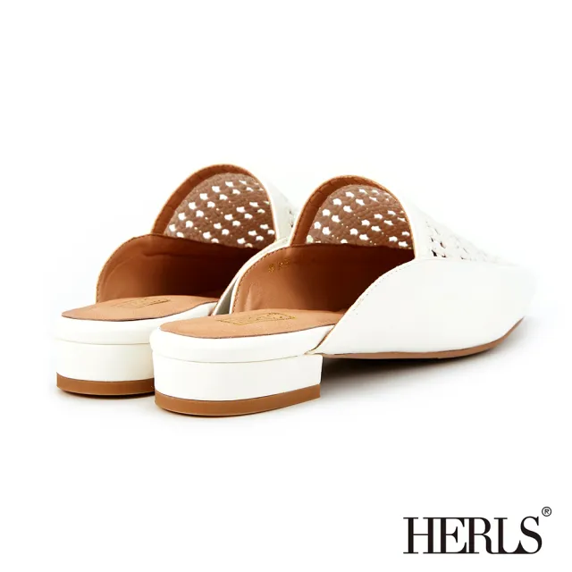 【HERLS】穆勒鞋-編織鏤空拼接小方頭低跟穆勒鞋(白色)