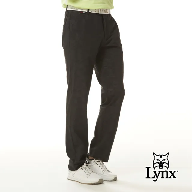 【Lynx Golf】男款防潑水四面彈性山貓精美壓光印後腰LOGO針織帶剪接平口休閒長褲(二色)