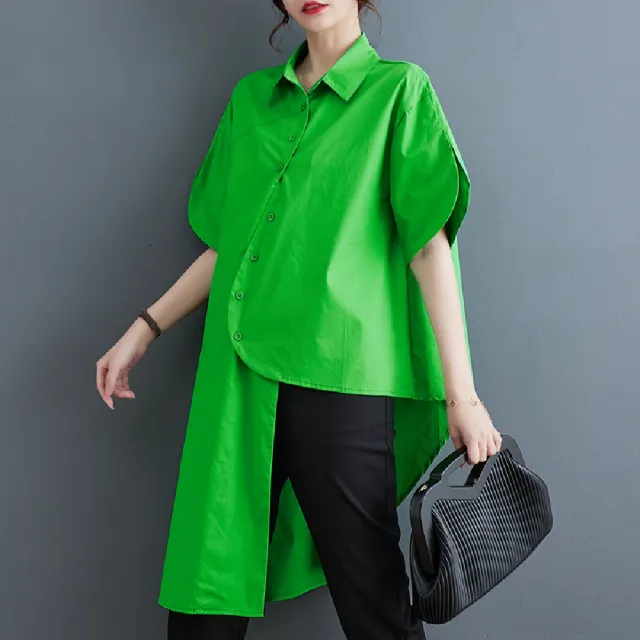 【巴黎精品】現貨+預購 襯衫短袖上衣(寬鬆個性不規則中長款女裝2色a1bt11)