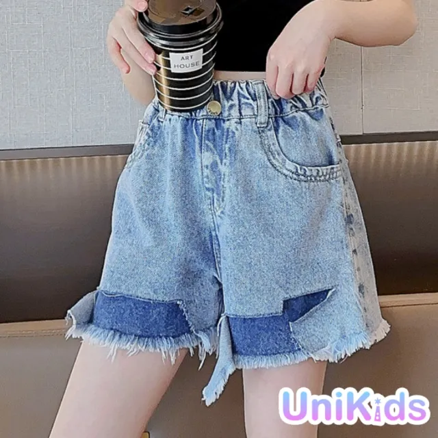 【UniKids】現貨 中大童牛仔短褲 潮酷割破設計感 女大童 CV171款(淺藍)