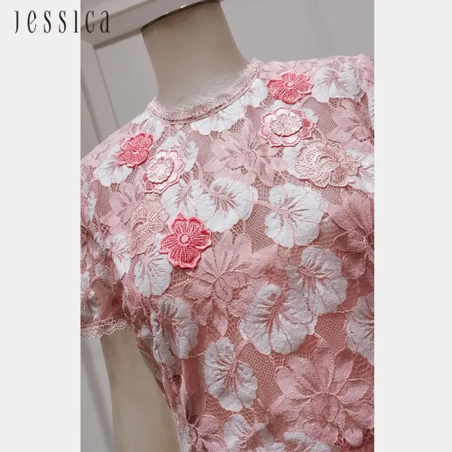 【JESSICA】刺繡花卉蕾絲收腰短袖長洋裝233279