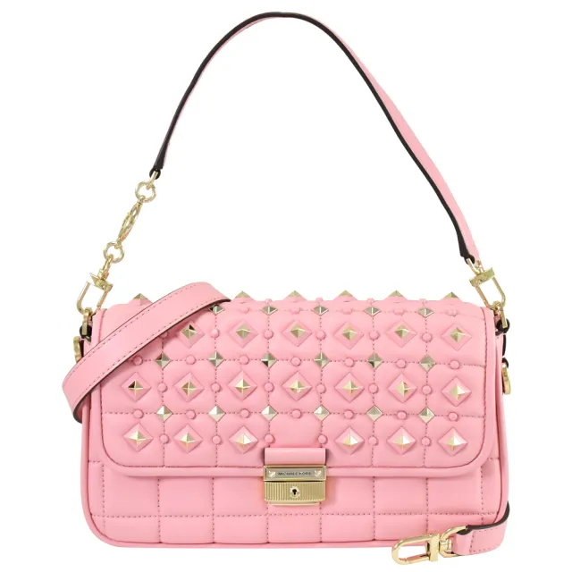 【Michael Kors】鉚釘菱格紋皮革肩斜雙背帶二用淑女包(粉)