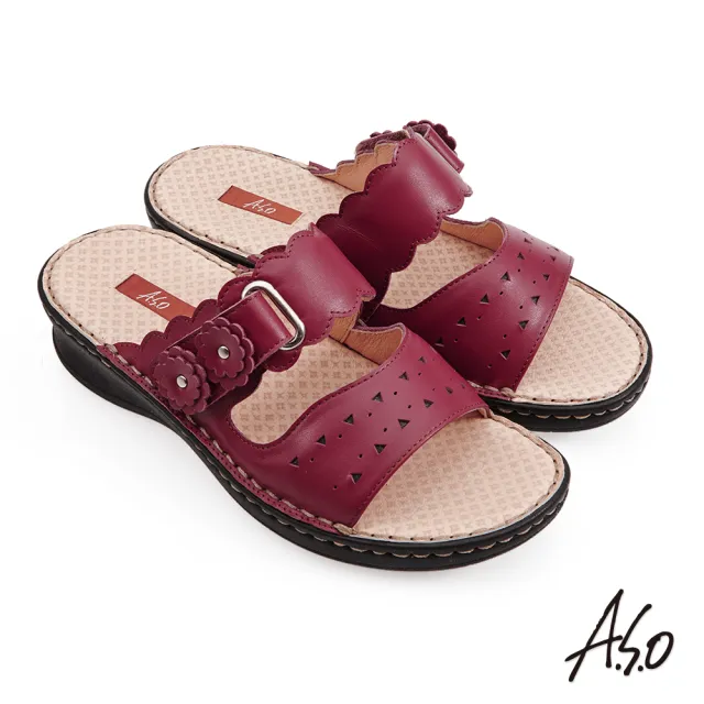【A.S.O 阿瘦集團】機能休閒 手縫氣墊花朵黏帶牛皮拖鞋(暗紅色)