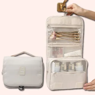 【韓版家】可吊掛奶白手提防水收納包(大容量 分層洗漱包 瓶罐盥洗包 化妝包 露營 手提旅行收納  出差)