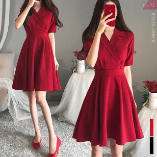 【艾美時尚】中大尺碼女裝 連身裙 知性V領蝶結繫帶A字洋裝。M-XL(2色.預購)