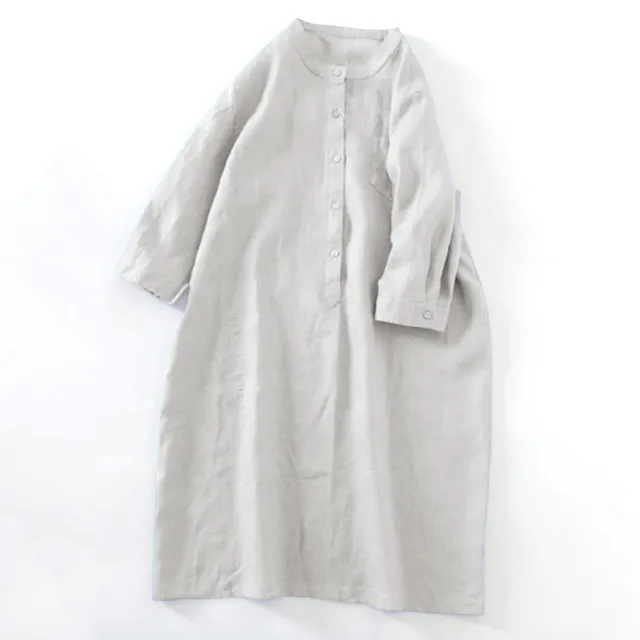 【ACheter】棉麻連身裙純色圓領休閒襯衫式寬鬆顯瘦七分袖洋裝#116510(3色)