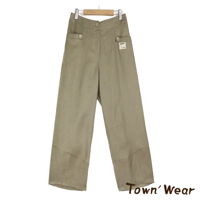 【TOWN’WEAR 棠葳】舒適涼感鈕扣亞麻九分褲 2色(女下著/口袋/鬆緊腰頭/素面)