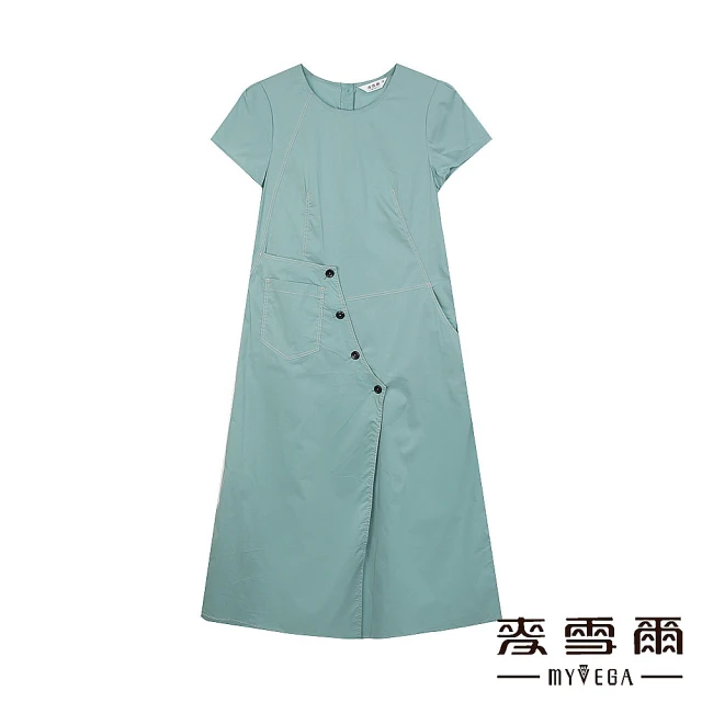 【MYVEGA 麥雪爾】多片剪裁口袋造型長洋裝-藍綠