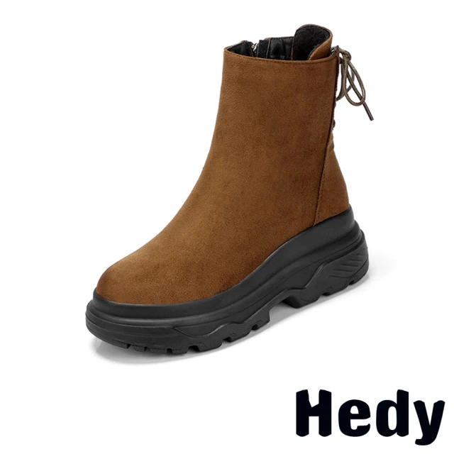 【Hedy】厚底短靴 交叉短靴 綁帶短靴/純色絨面厚底交叉綁帶造型短靴(棕)