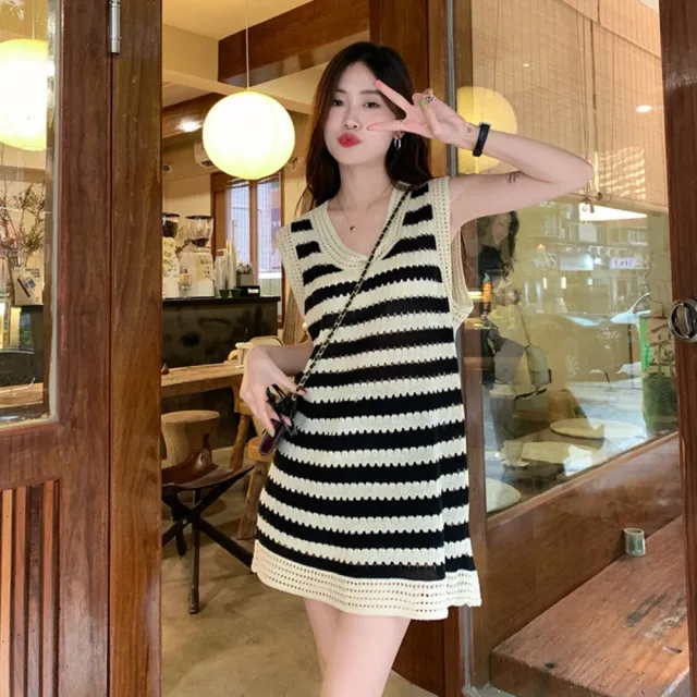 【巴黎精品】現貨+預購 洋裝無袖連身裙(圓領條紋短款針織女裙子a1ao60)