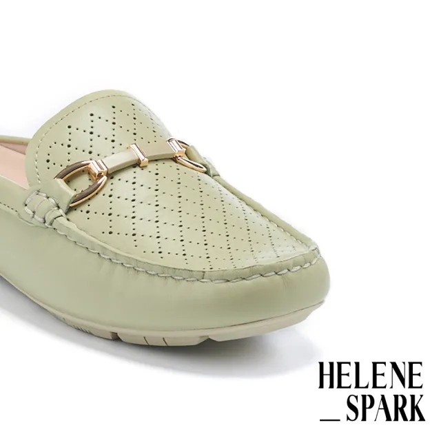 【HELENE_SPARK】簡約日常長釦沖孔全真皮穆勒低跟拖鞋(綠)