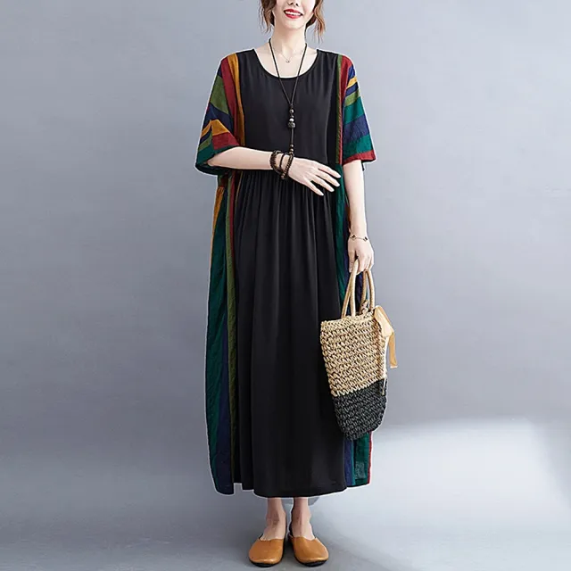 【巴黎精品】現貨+預購 洋裝短袖連身裙(彩條拼接圓領純棉女裙子a1ap31)
