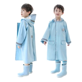 【歐巴小舖】藍色學院風兒童書包位雨衣/二件組(男 女 童 孩 防水布 防風 收納袋 防潑水 拉鍊 拉鏈 雨具)