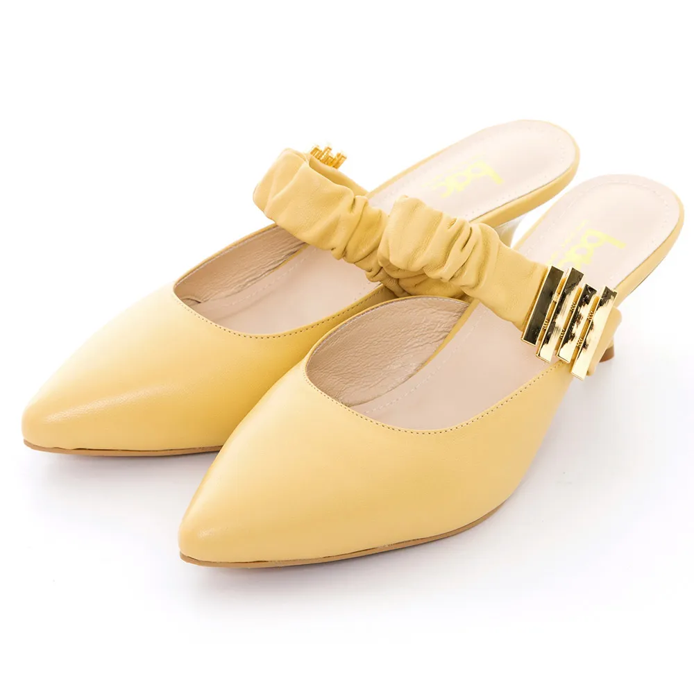 【bac】澎澎抓皺腳背帶高跟穆勒鞋(黃色)