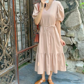 【ACheter】韓版簡約氣質純色寬鬆V領麻棉花苞短袖連身裙長版洋裝#116539(3色)