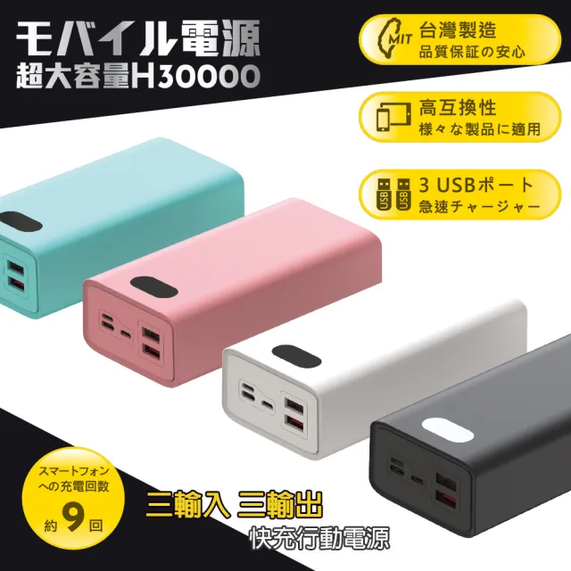 【POLYBATT】H30000數顯 30000mAh/22W雙向/三輸出 快充行動電源(台灣製造、三輸入、三輸出)