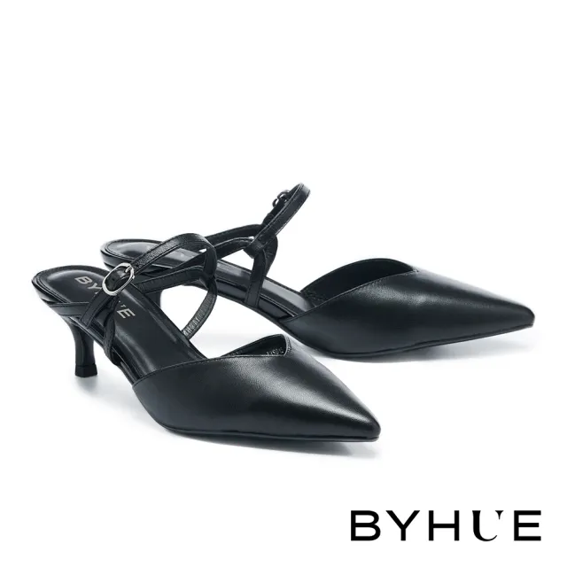 【BYHUE】簡約大人感造型繫帶羊皮軟芯尖頭高跟穆勒拖鞋(黑)