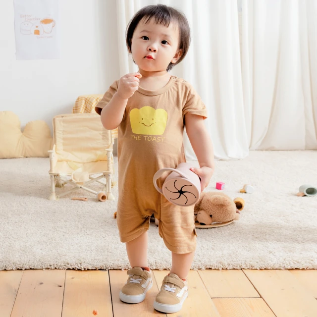 【OB 嚴選】咖啡廳家族台灣製山形吐司妹布丁小子印花寶寶連身衣嬰幼童裝 《QA1458》