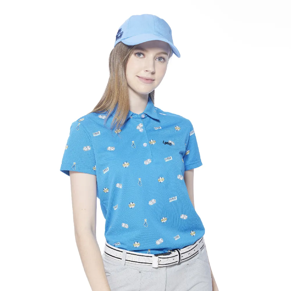 【Lynx Golf】女款吸溼排汗機能滿版俏皮CASINO骰子圖樣印花短袖POLO衫(寶藍色)