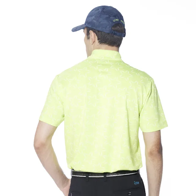 【Lynx Golf】男款吸溼排汗機能滿版Lynx字樣組合星星圖樣印花短袖立領POLO衫(果綠色)