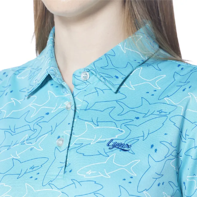 【Lynx Golf】女款吸溼排汗機能滿版海洋鯊魚圖樣印花短袖POLO衫(藍綠色)