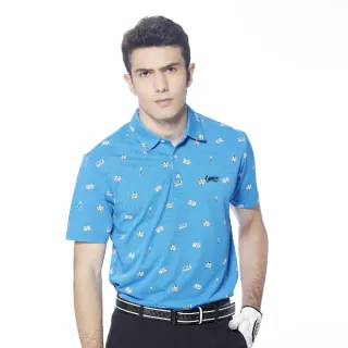 【Lynx Golf】男款吸溼排汗機能滿版俏皮CASINO骰子圖樣印花短袖POLO衫(寶藍色)