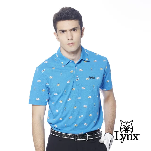 【Lynx Golf】男款吸溼排汗機能滿版俏皮CASINO骰子圖樣印花短袖POLO衫(寶藍色)