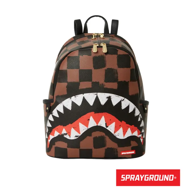 【SPRAYGROUND】SHARKS IN PARIS 格紋塗鴉鯊魚後背包(棕色)